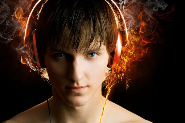 Portrait of a guy in fiery headphones