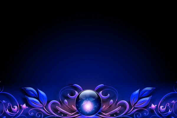 Floral pattern of leaves and flowers with a magic ball in the middle on a black and blue background