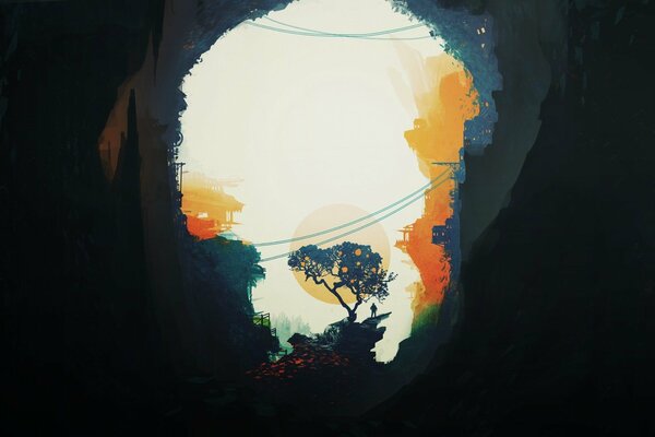 View from the cave to the tree. Vector