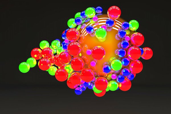 Spiral of multicolored balls on a dark background