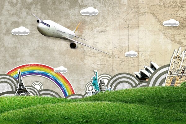 A picture with a rainbow, an airplane and clouds