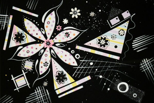 Abstract flowers are white with pink. Triangles, lines