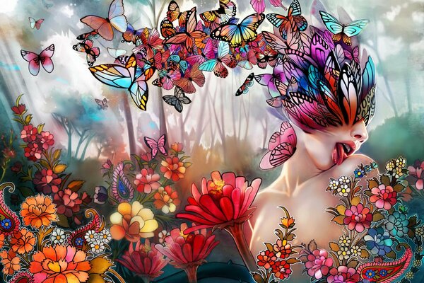 Коллаж с девушкой цветами и бабочками