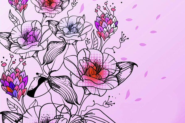 Drawing with flowers on a pink background