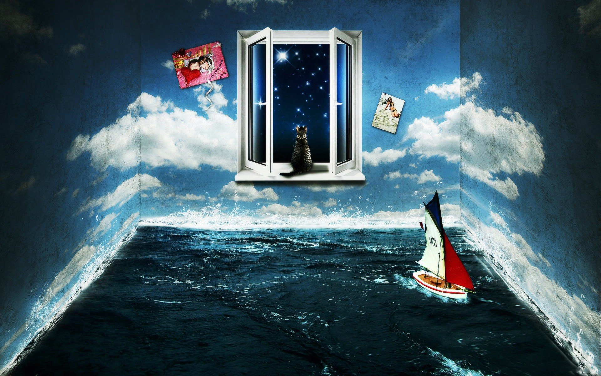 room window water sea wall sky clouds cat yacht night