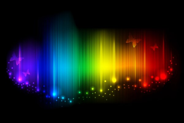 Rainbow spectrum with sparkling butterflies on a dark background