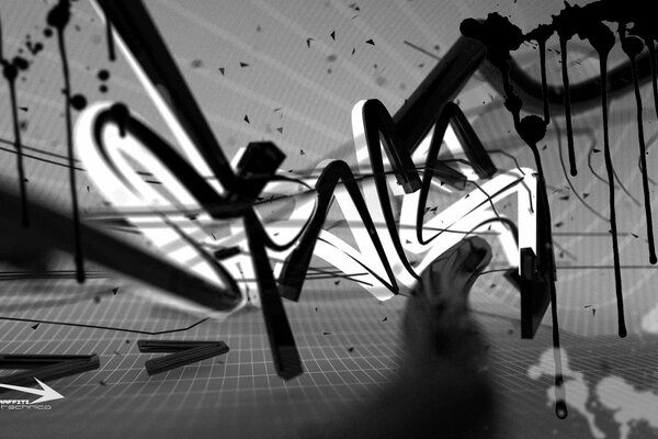 Black and white three-dimensional 3D graffiti in space