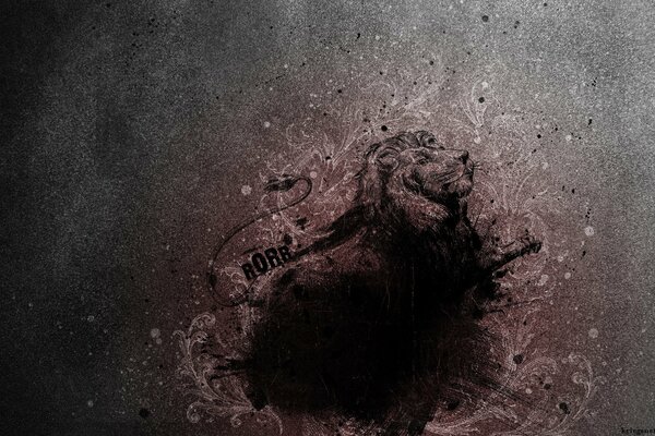 Lion from the black depths on wallpaper