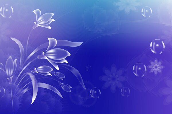 Blumen und Blasen auf blauem Hintergrund