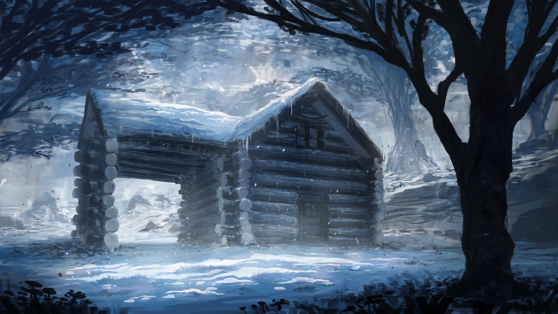 pintura arte invierno nieve casa árboles