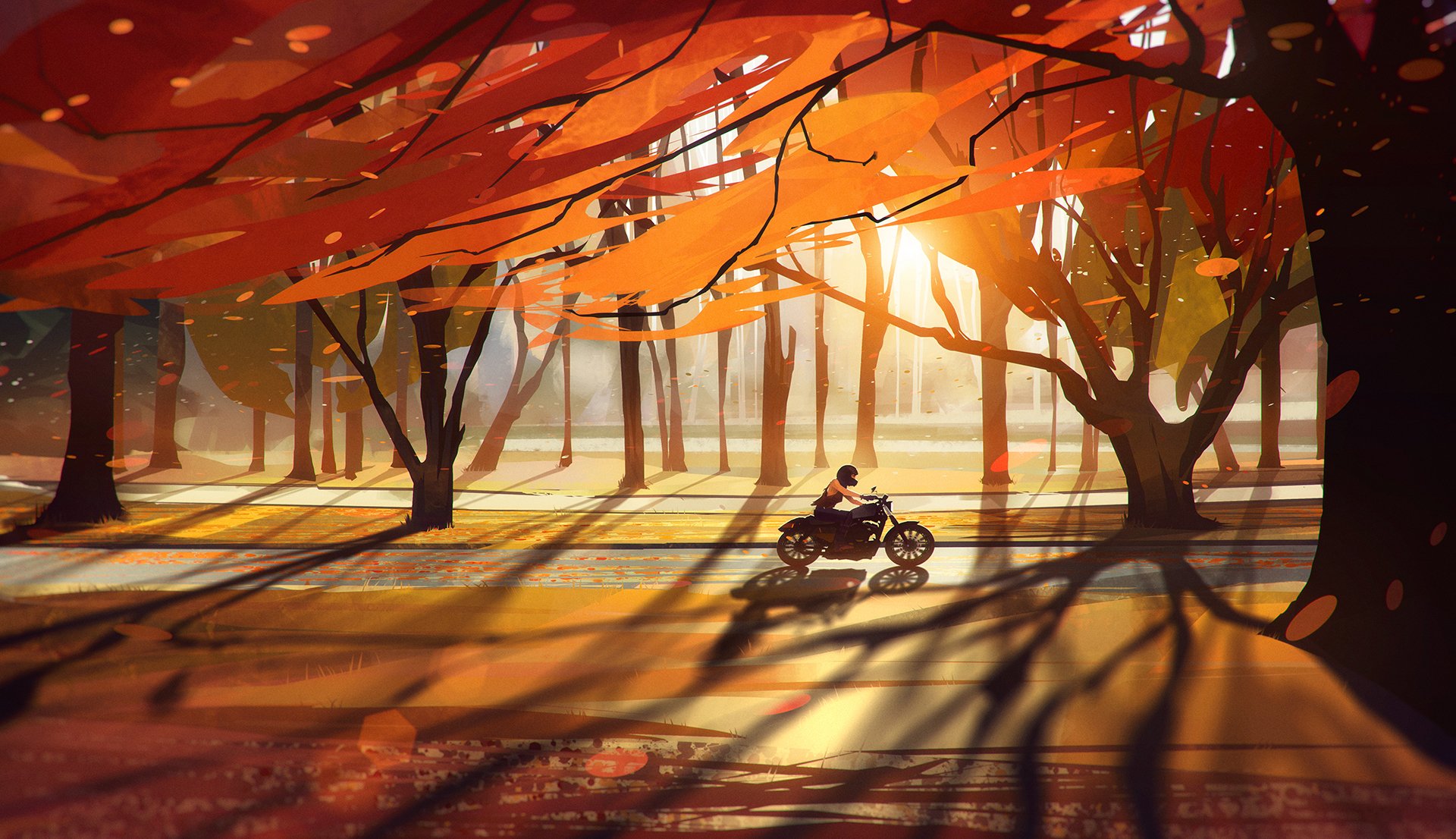 autumn forest motorcycle bike girl trees leaves road