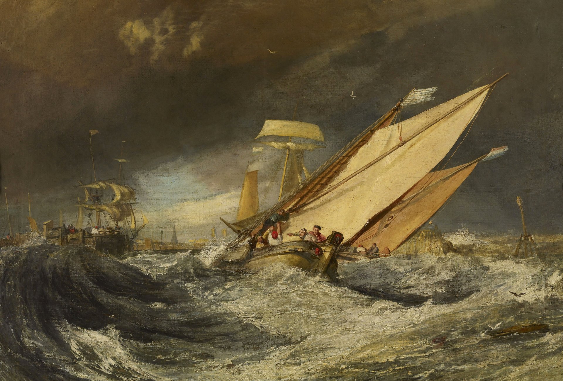 william turner łodzie rybackie wchodzą do portu calais obraz pejzaż morski morze fale burza ludzie statek żagiel