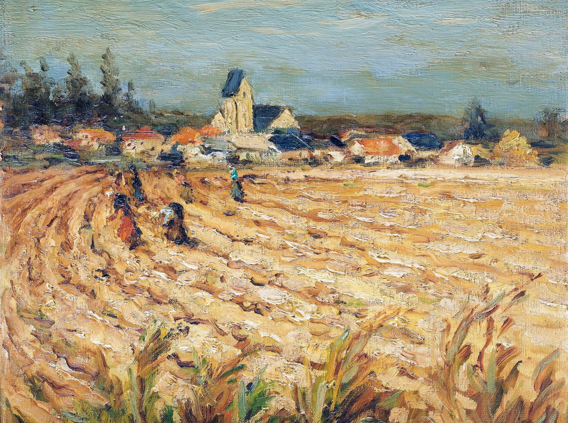 marcel dif mujeres en el campo de trigo pintura paisaje cosecha casas árboles