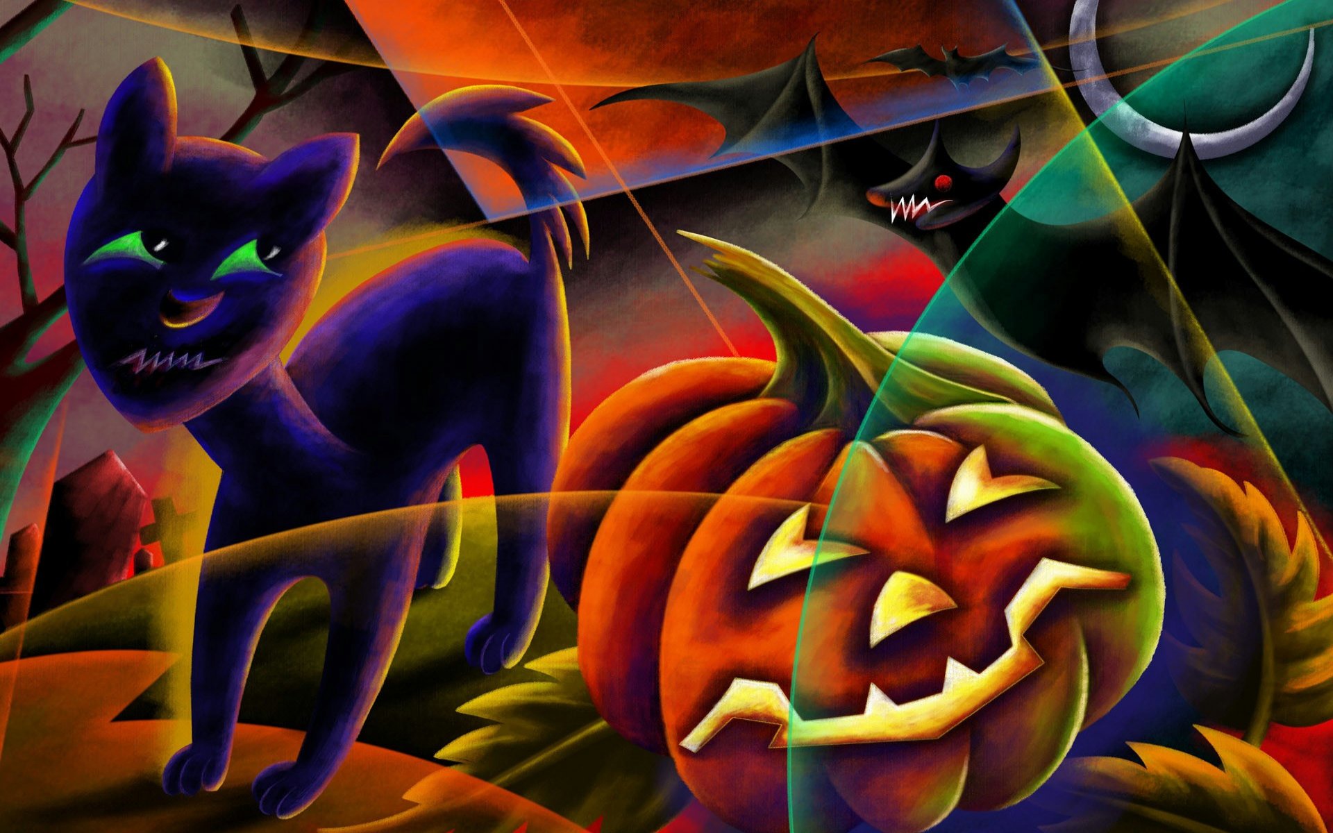 happy halloween black cat bat pumpkin jack-o-lantern moon eclipse night cemetery