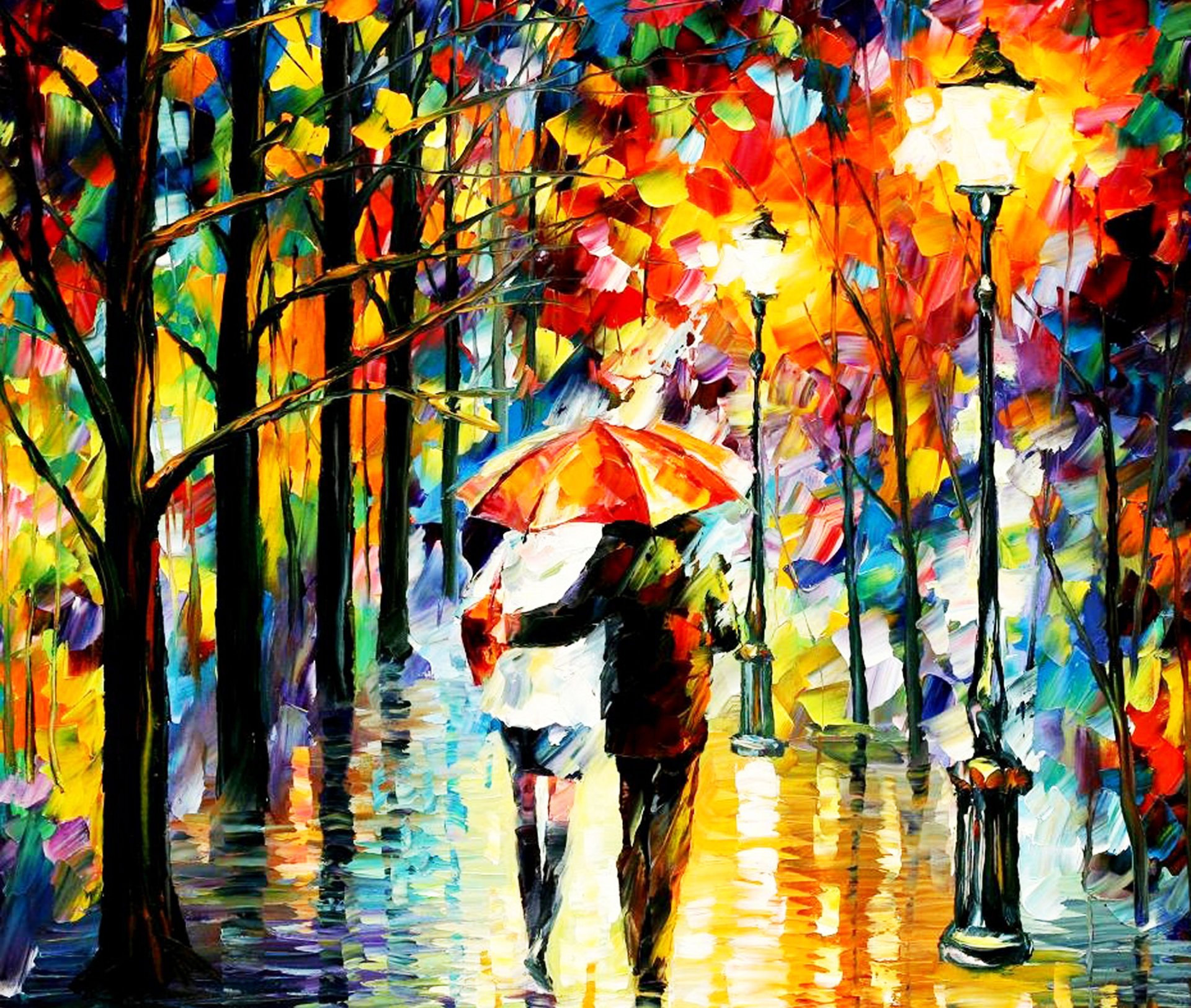 leonid afremov malerei genre herbst regen regenschirm paar liebhaber park gasse laterne lichter