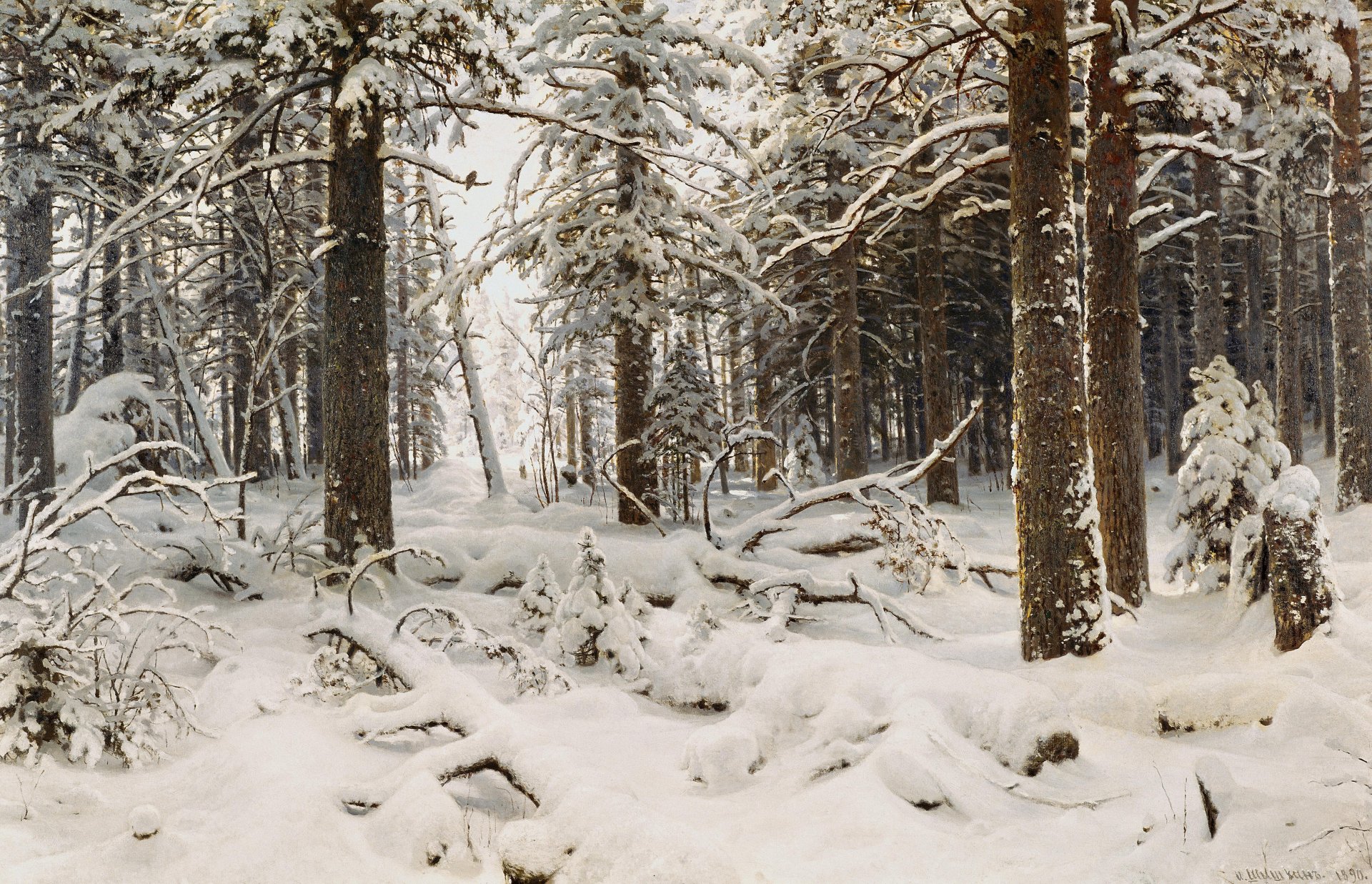 ivan shishkin rysunek zima śnieg las drzewa natura