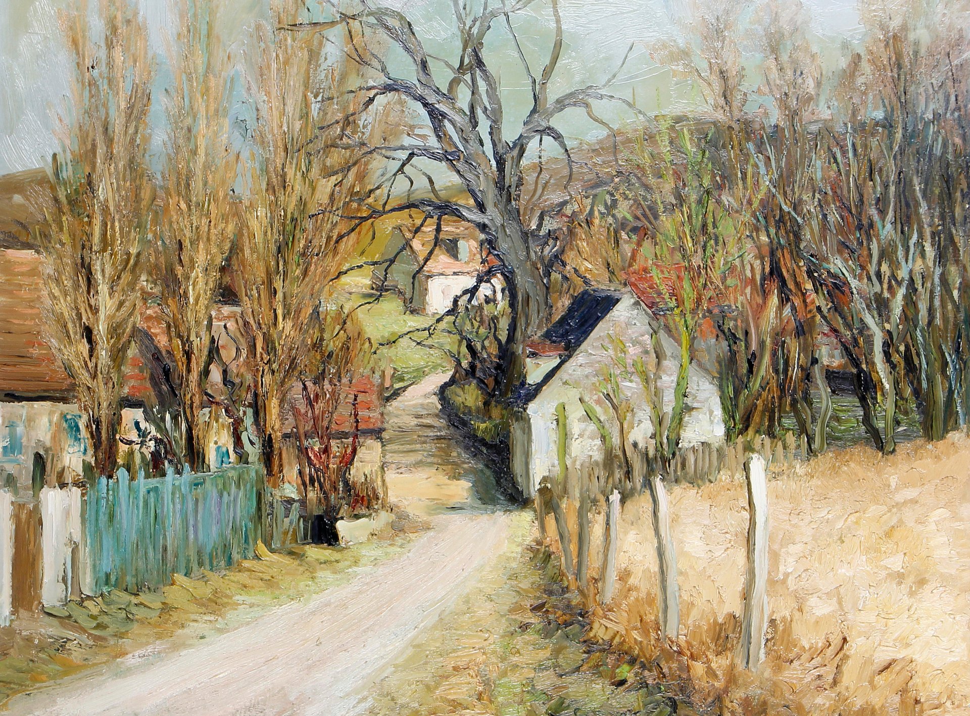 marcel dif pittura paesaggio strada case alberi