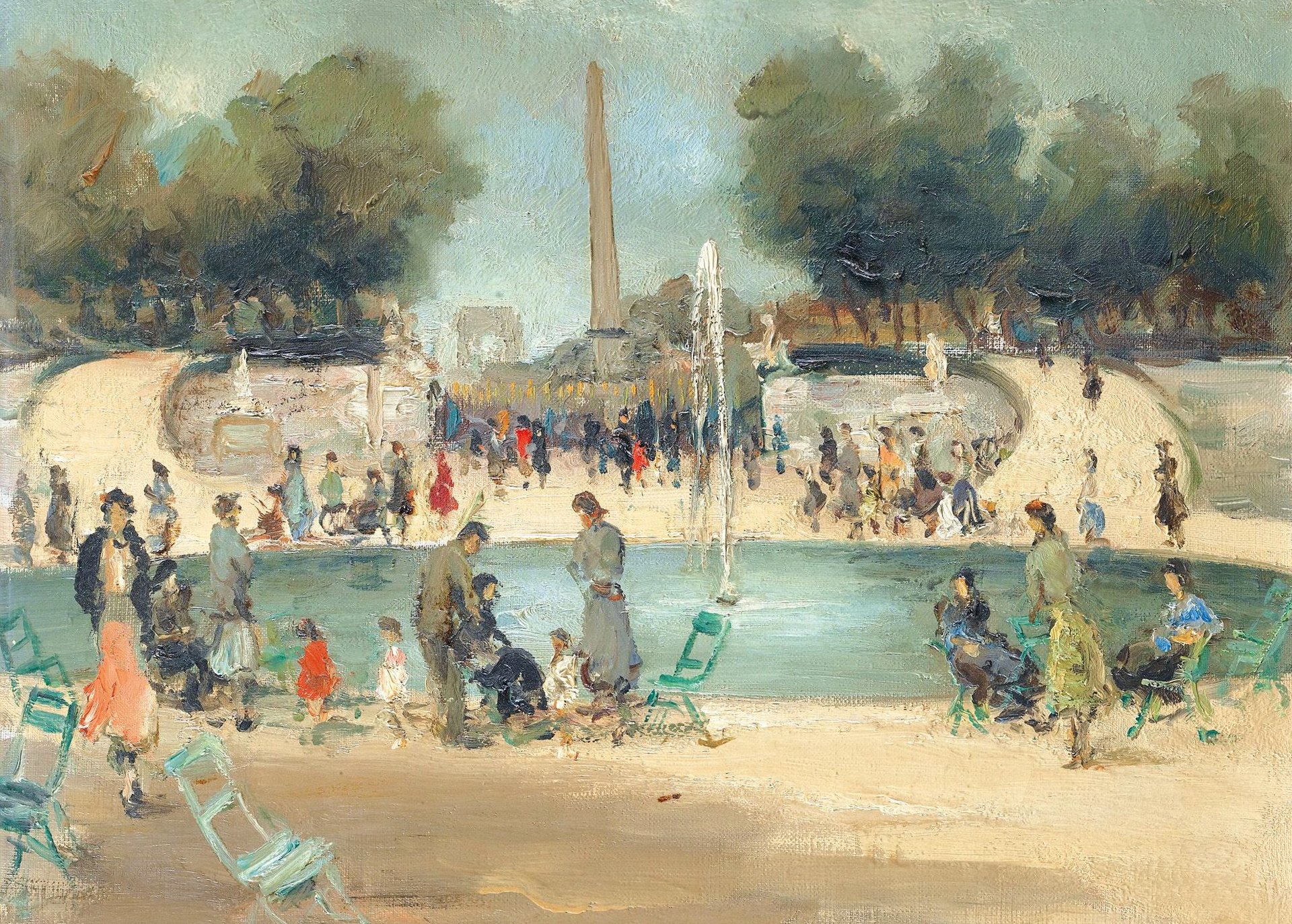 marcel dief jardin des tuileries peinture paysage parc fontaine arbres gens