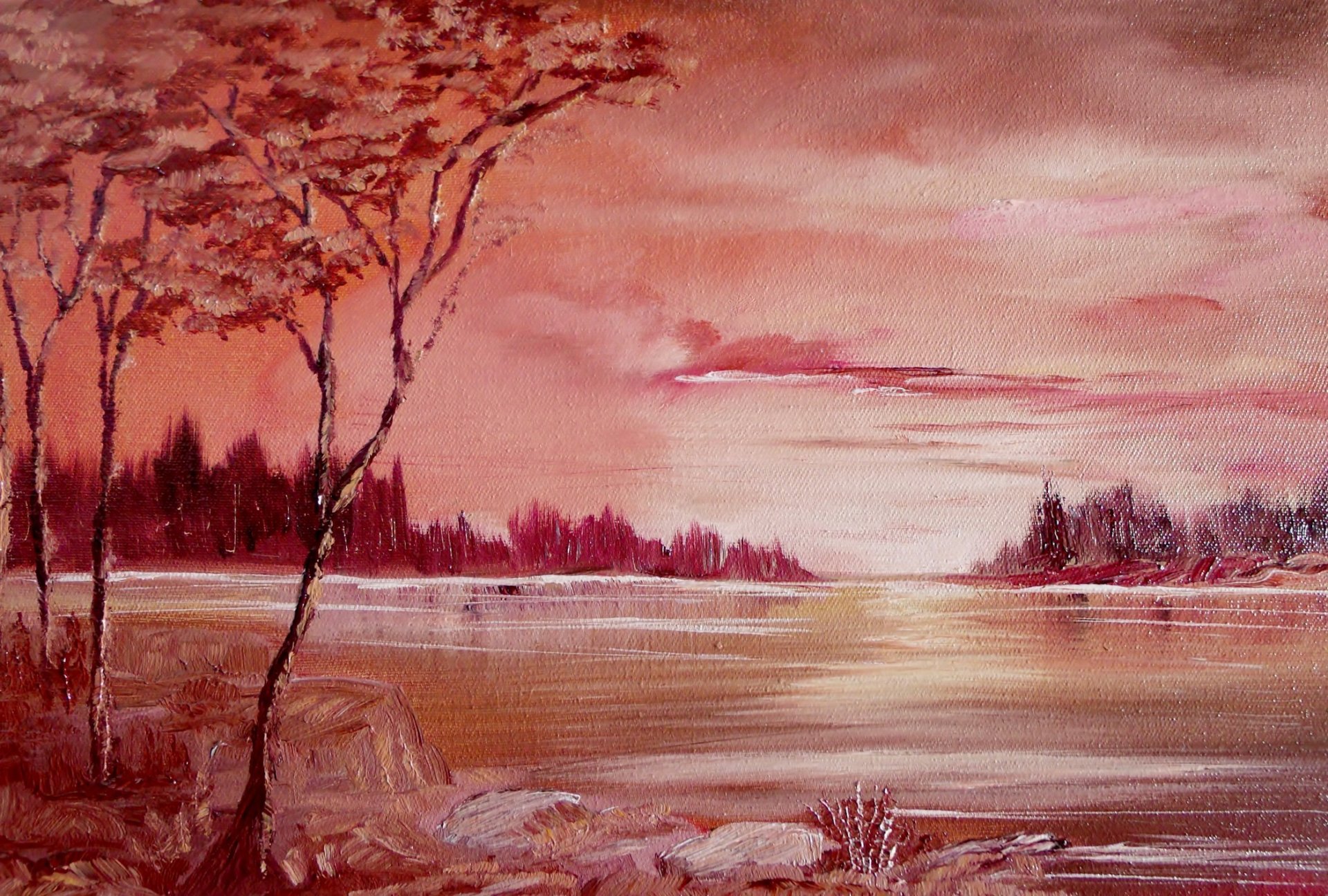 paysage peint rivière arbres