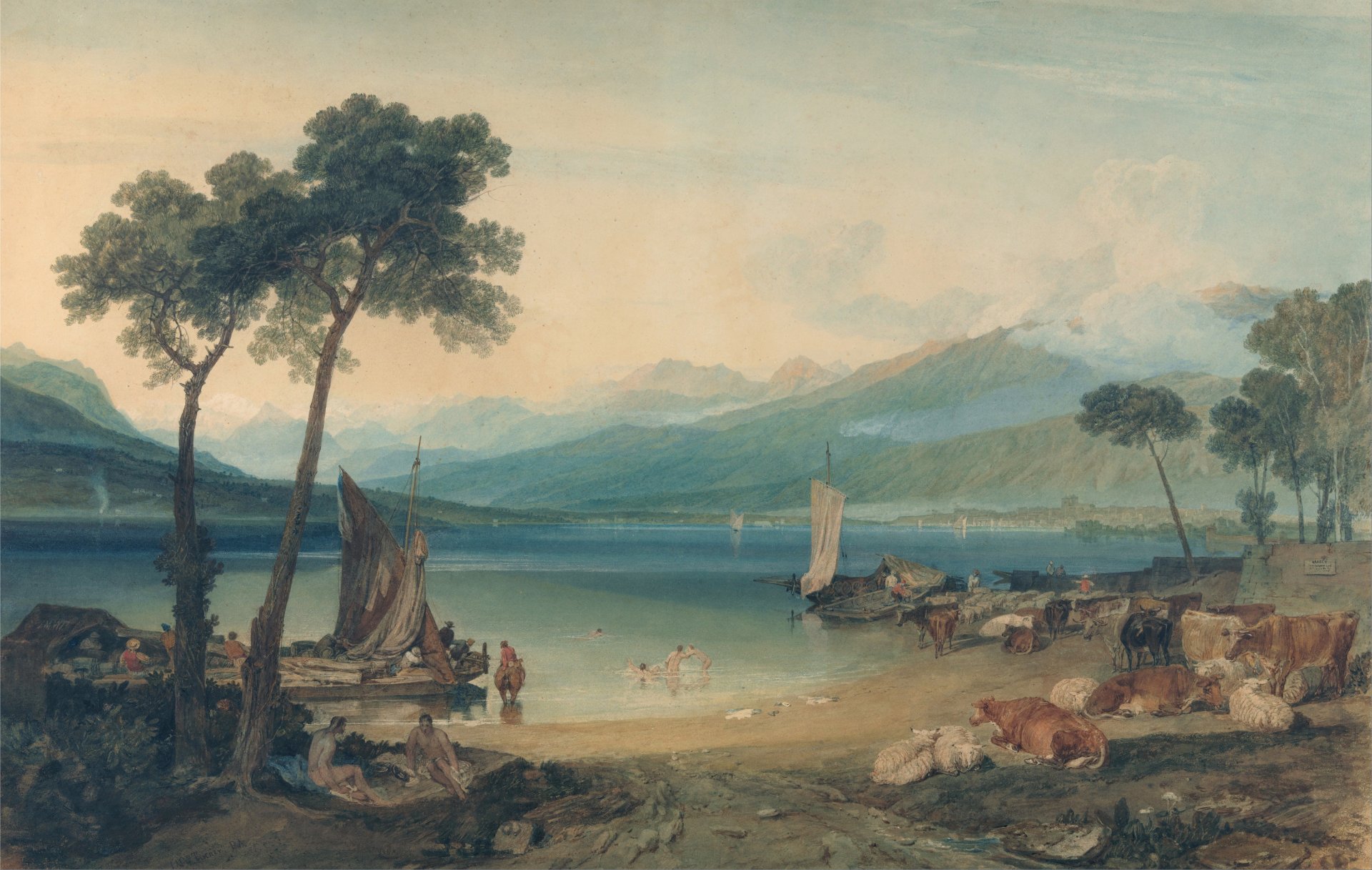 william turner lago de ginebra y mont blanc pintura paisaje montañas barco vela vacas