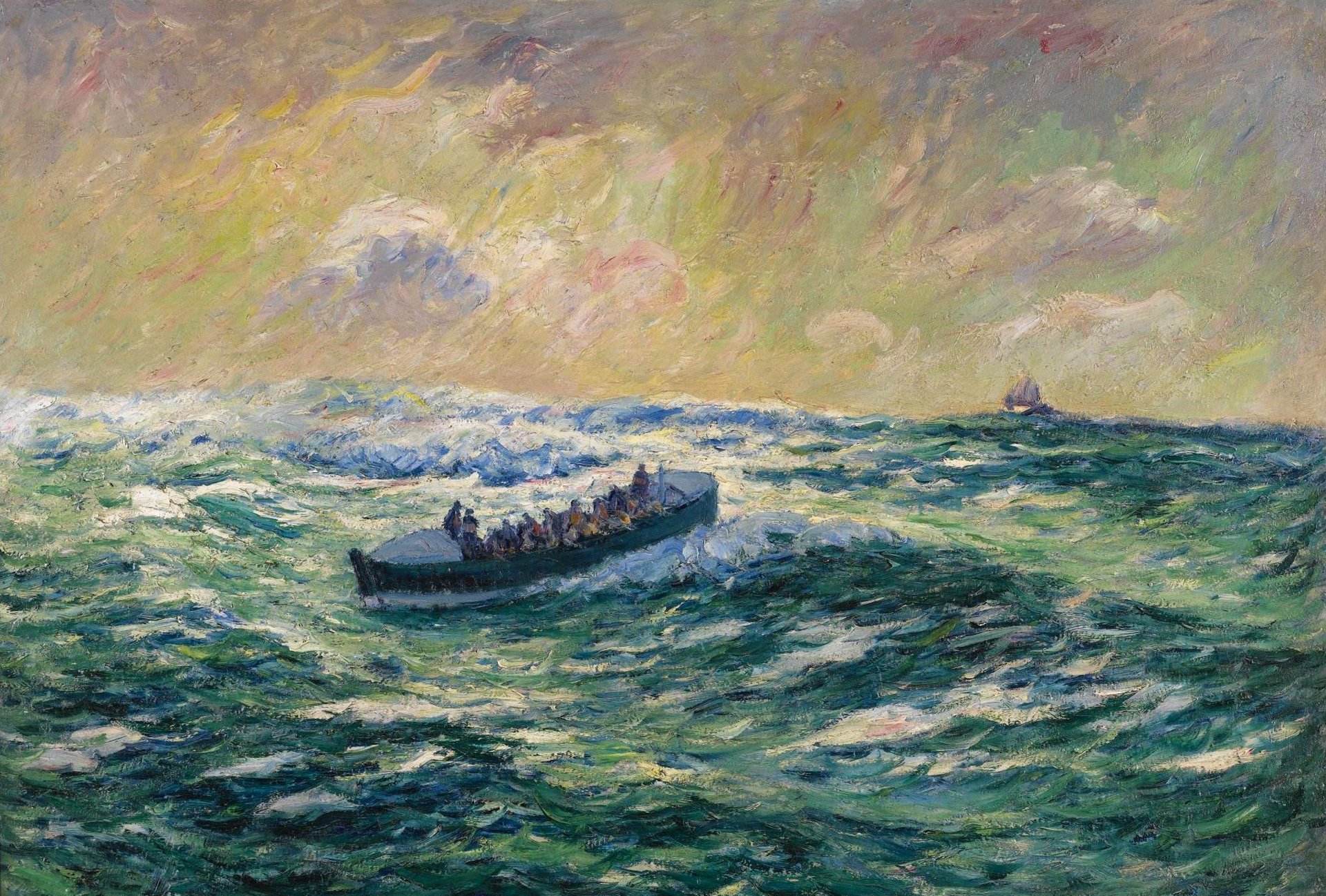 henri moret rescue boat on audierne finisterre painting seascape storm sea waves boat boat