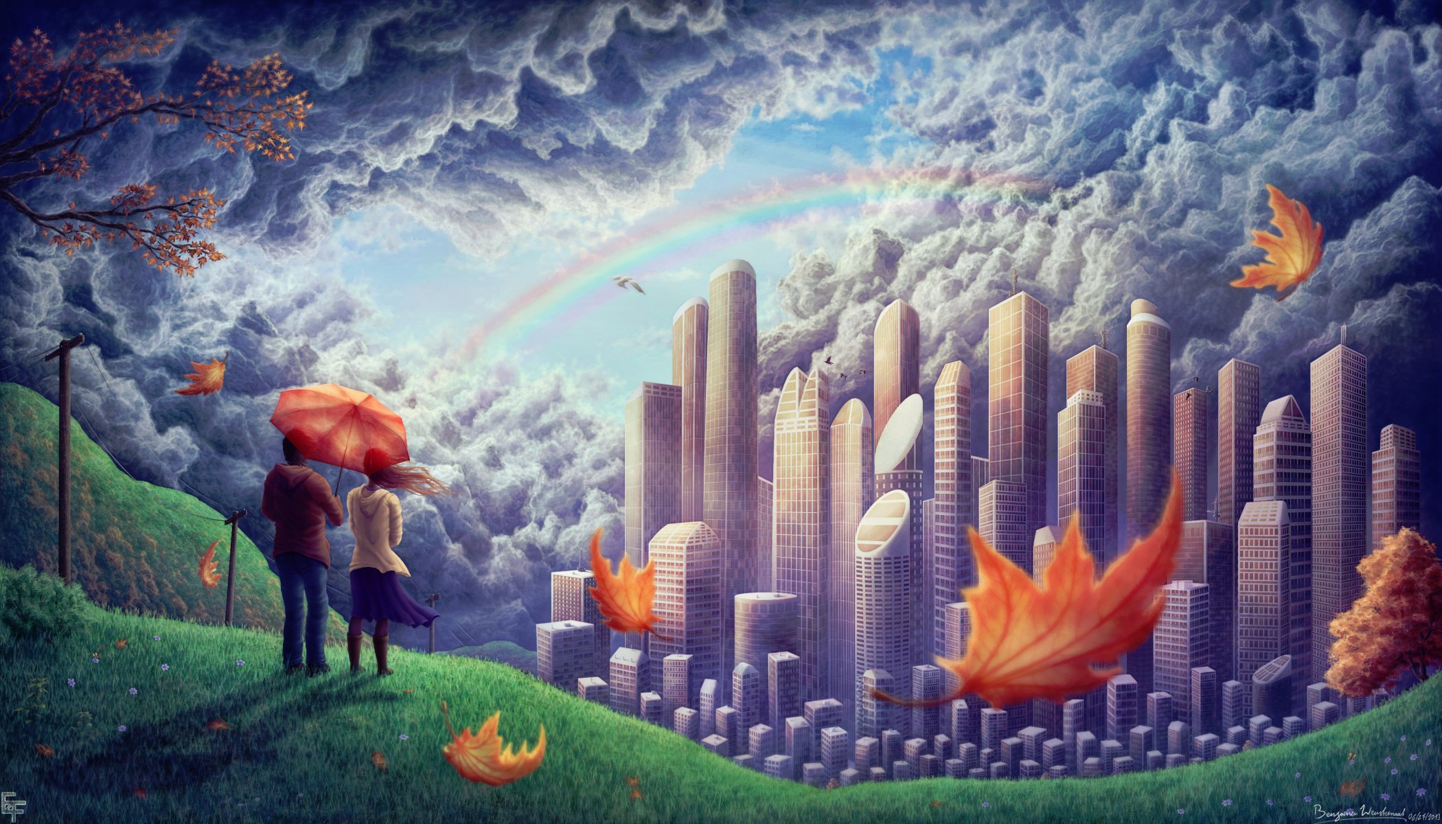 arte pareja novio chica colina ciudad nubes arco iris follaje viento aves