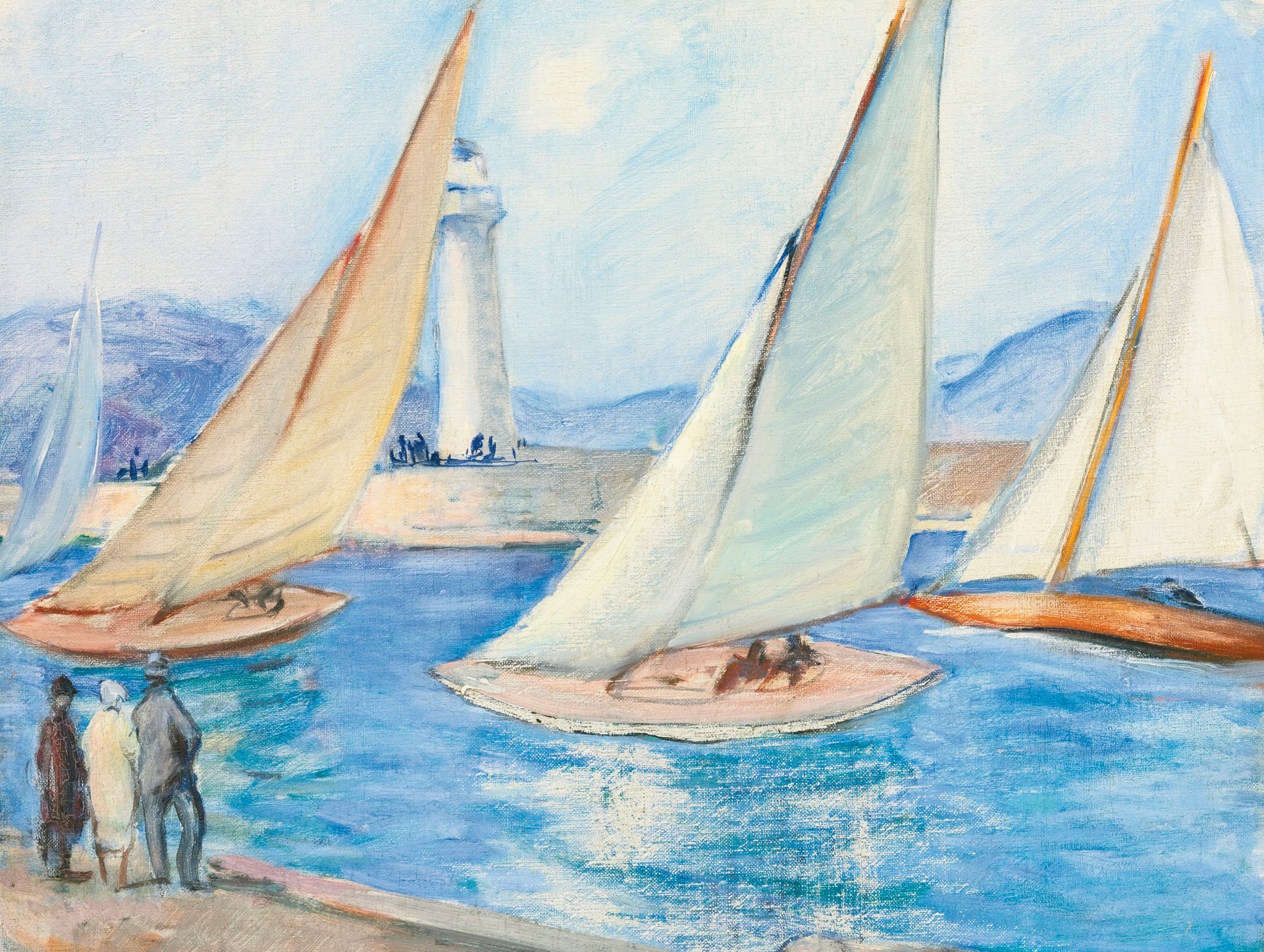 henri lebasque start of the regatta in saint-tropez pattern landscape sea lighthouse yacht sail