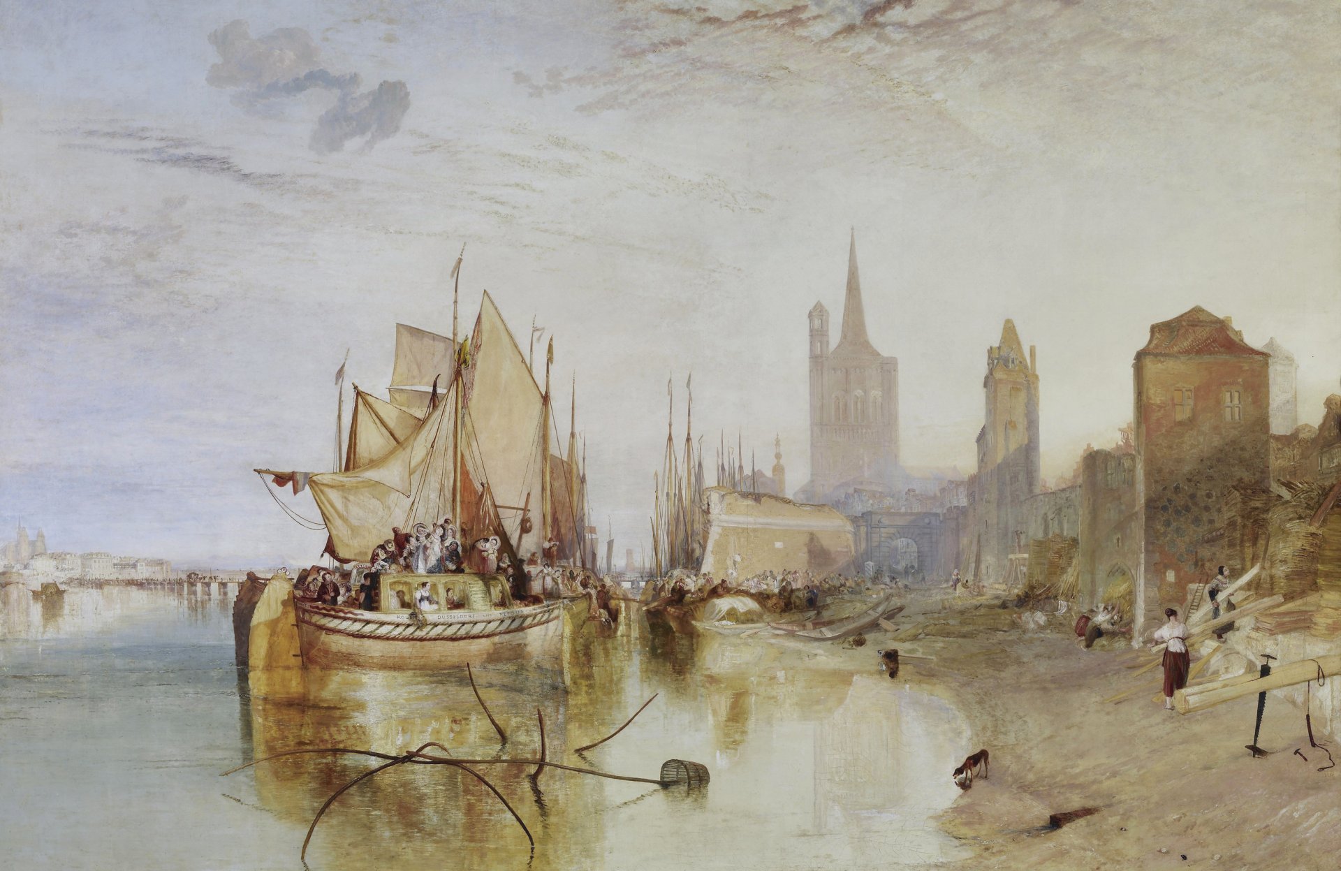 william turner cologne-arrivée du paquebot soirée peinture paysage marin navire bateau voile gens ville