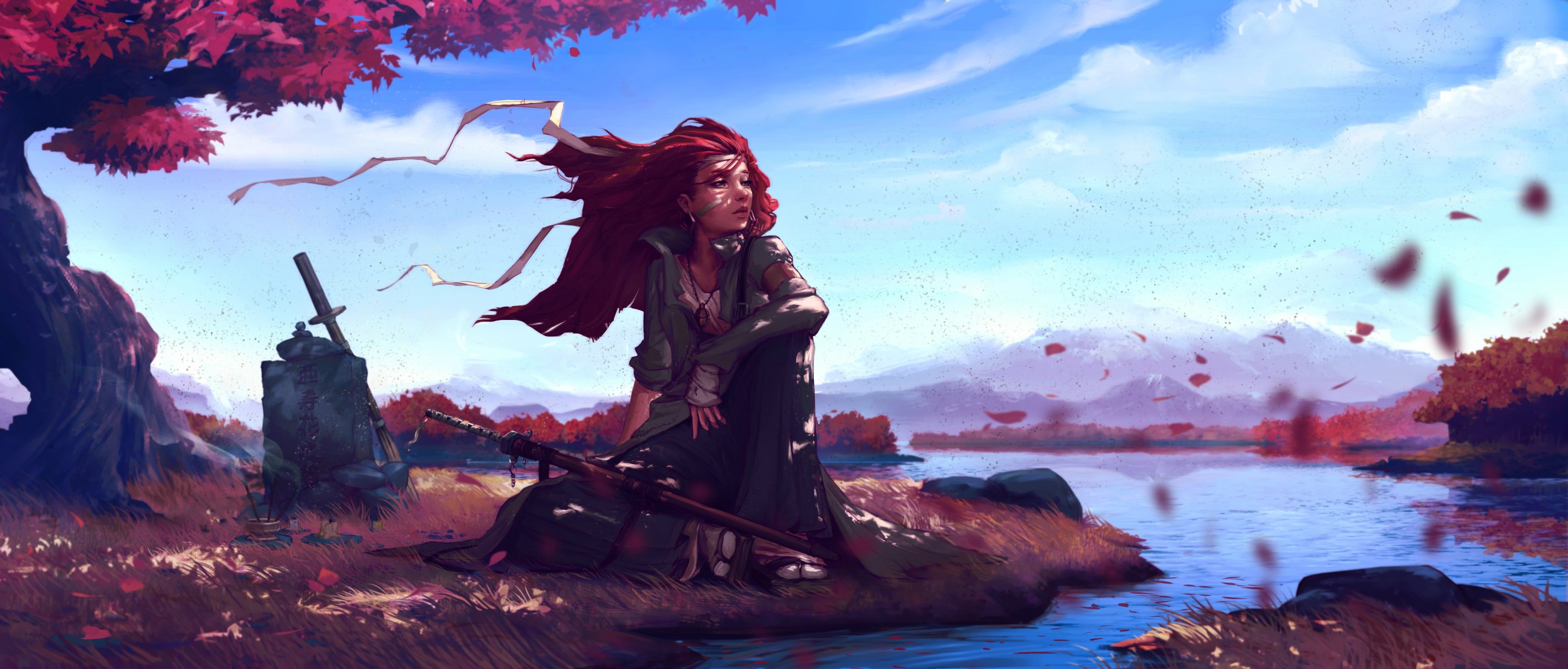 landscape girl red river water tree sword hair leaves sky