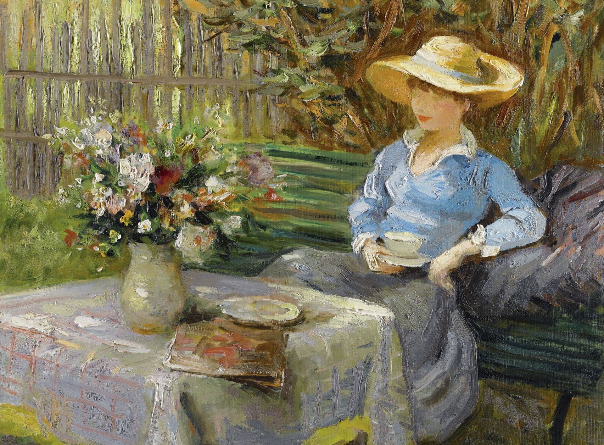 marcel dif mujer joven sentada en un banco pintura género mesa florero flores ramo