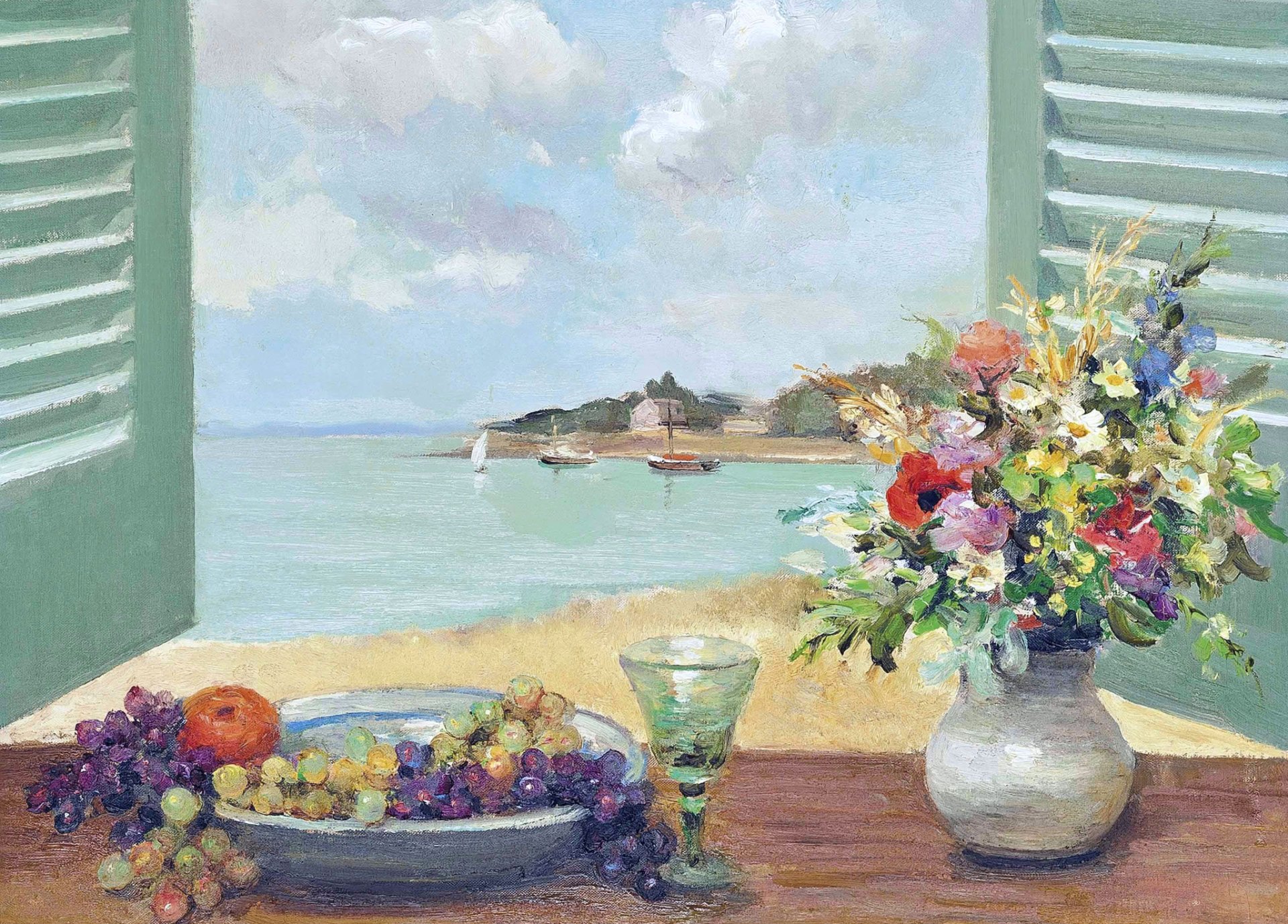 marcel dief fenêtre avec vue mer peinture paysage volets fleurs fruits bateau voile