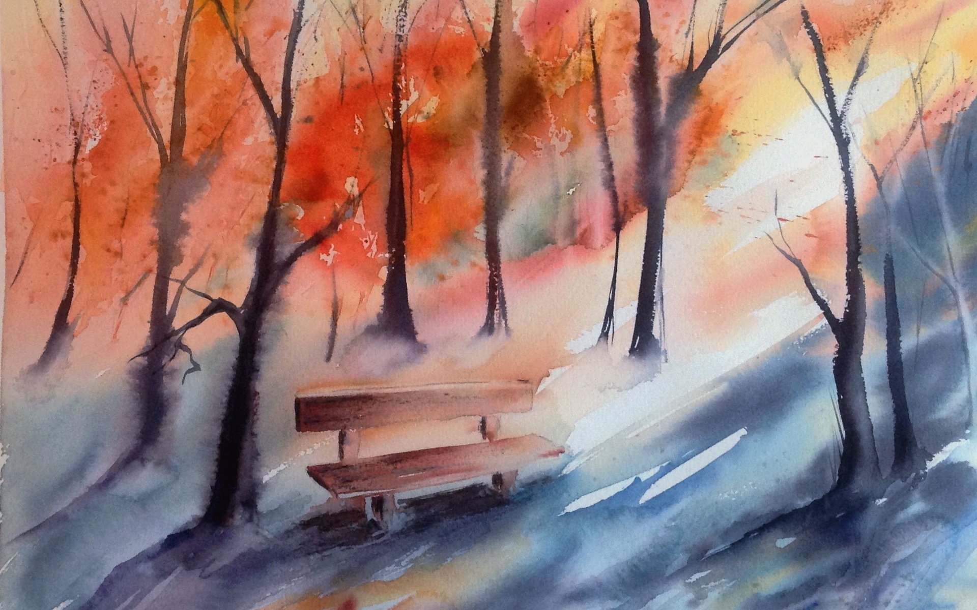 bench autumn watercolor