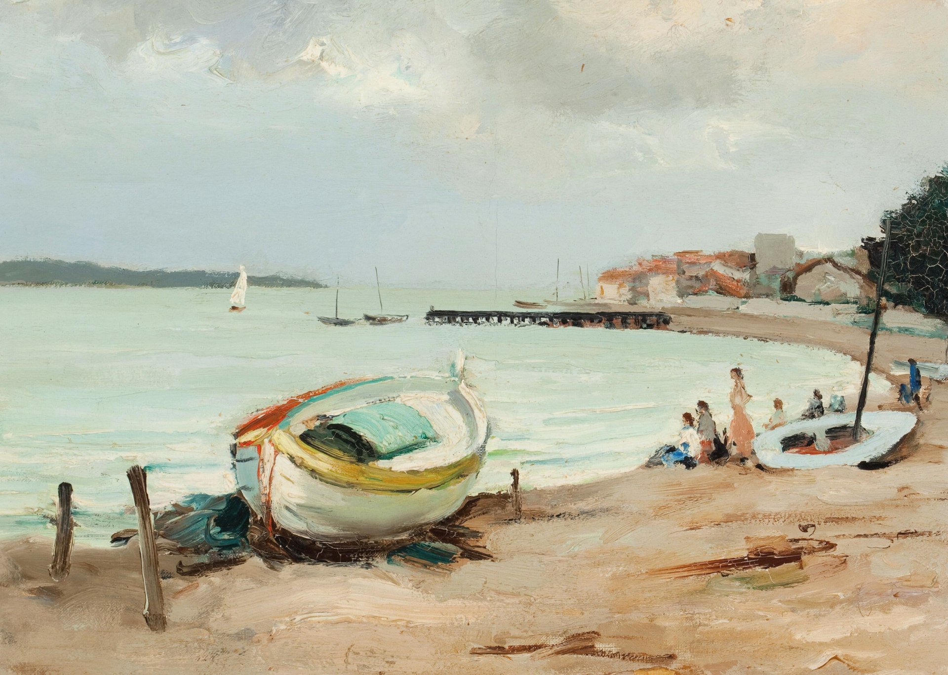 marcel dief côte méditerranéenne peinture paysage marin gens bateau voile maisons