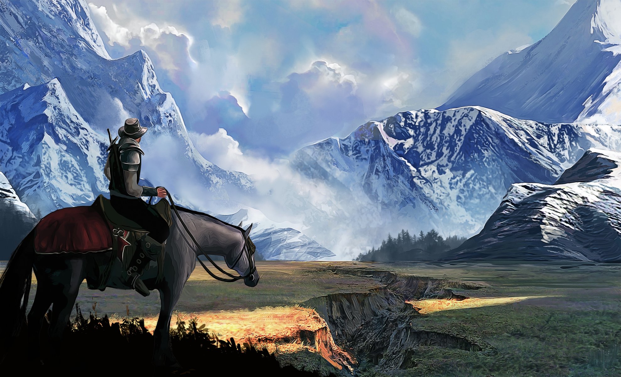 rider men mountain landscape horse art