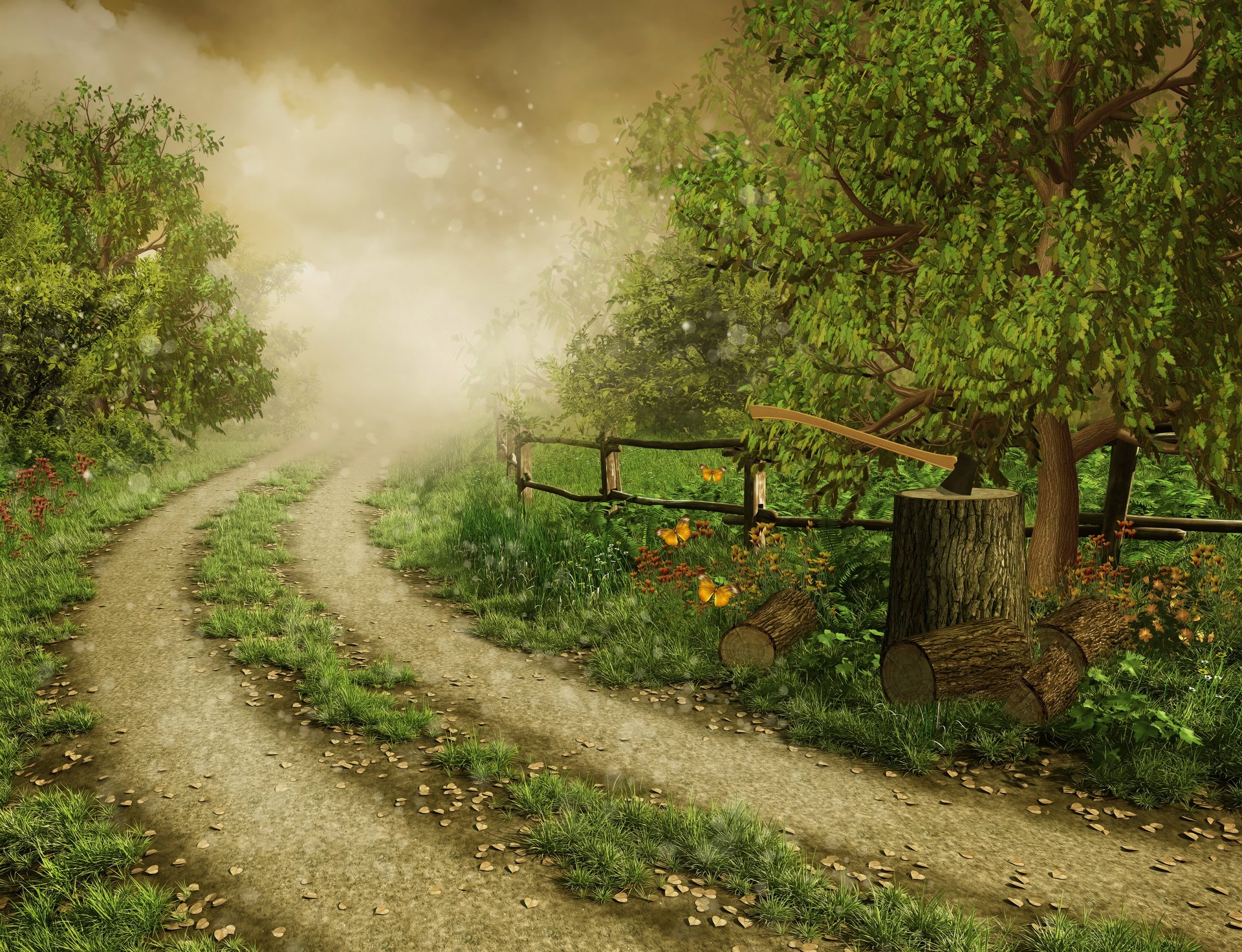 bosque camino árboles hierba niebla resplandor cerca mariposas hacha troncos patrón naturaleza