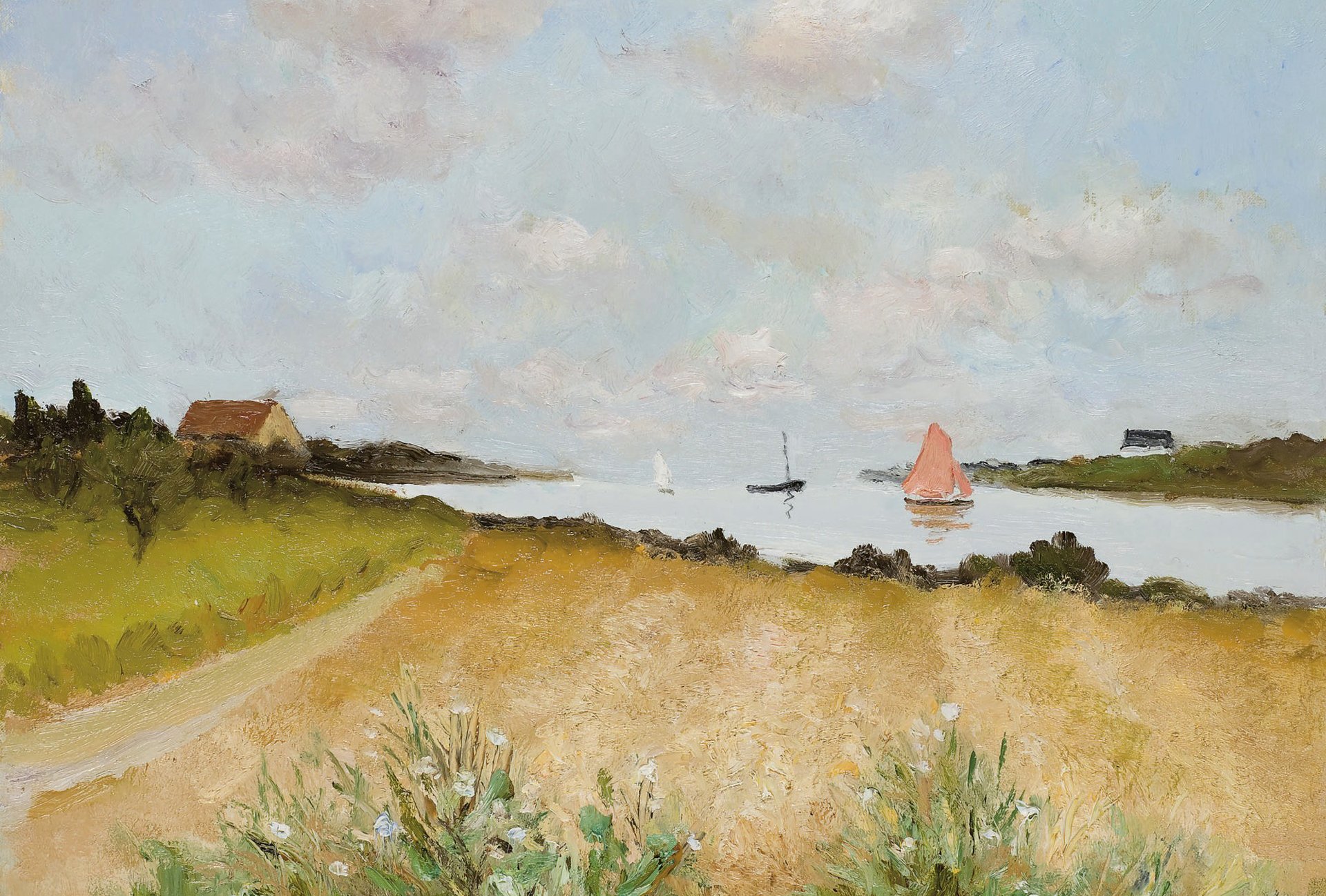 marcel dif trigo en crouesty pintura paisaje campo bahía barco vela