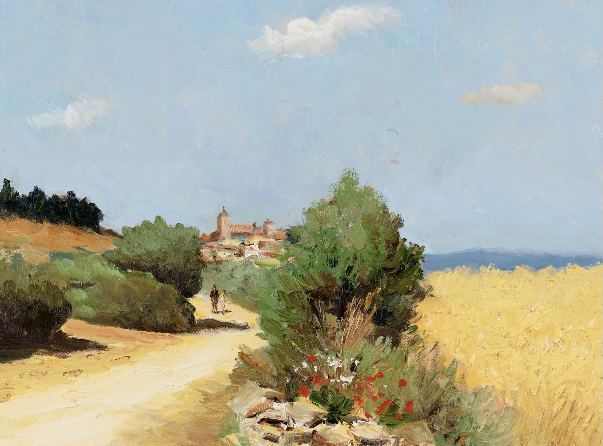 marcel dif caminar a lo largo de un campo de trigo pintura paisaje hola árboles personas ciudad