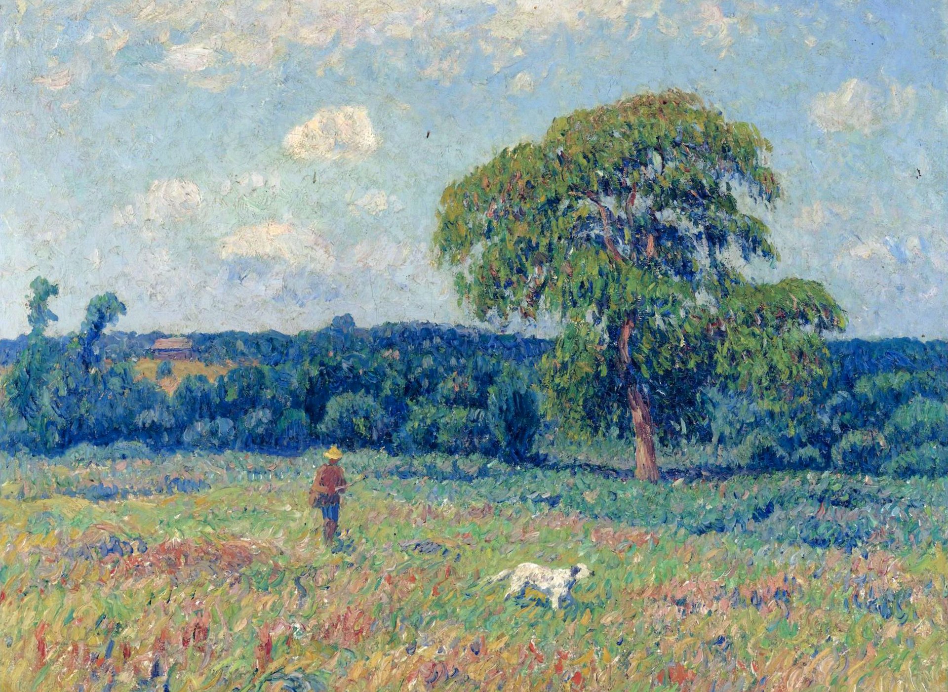 henri meer landschaft mit jäger und seinem hund bild bäume wiese himmel