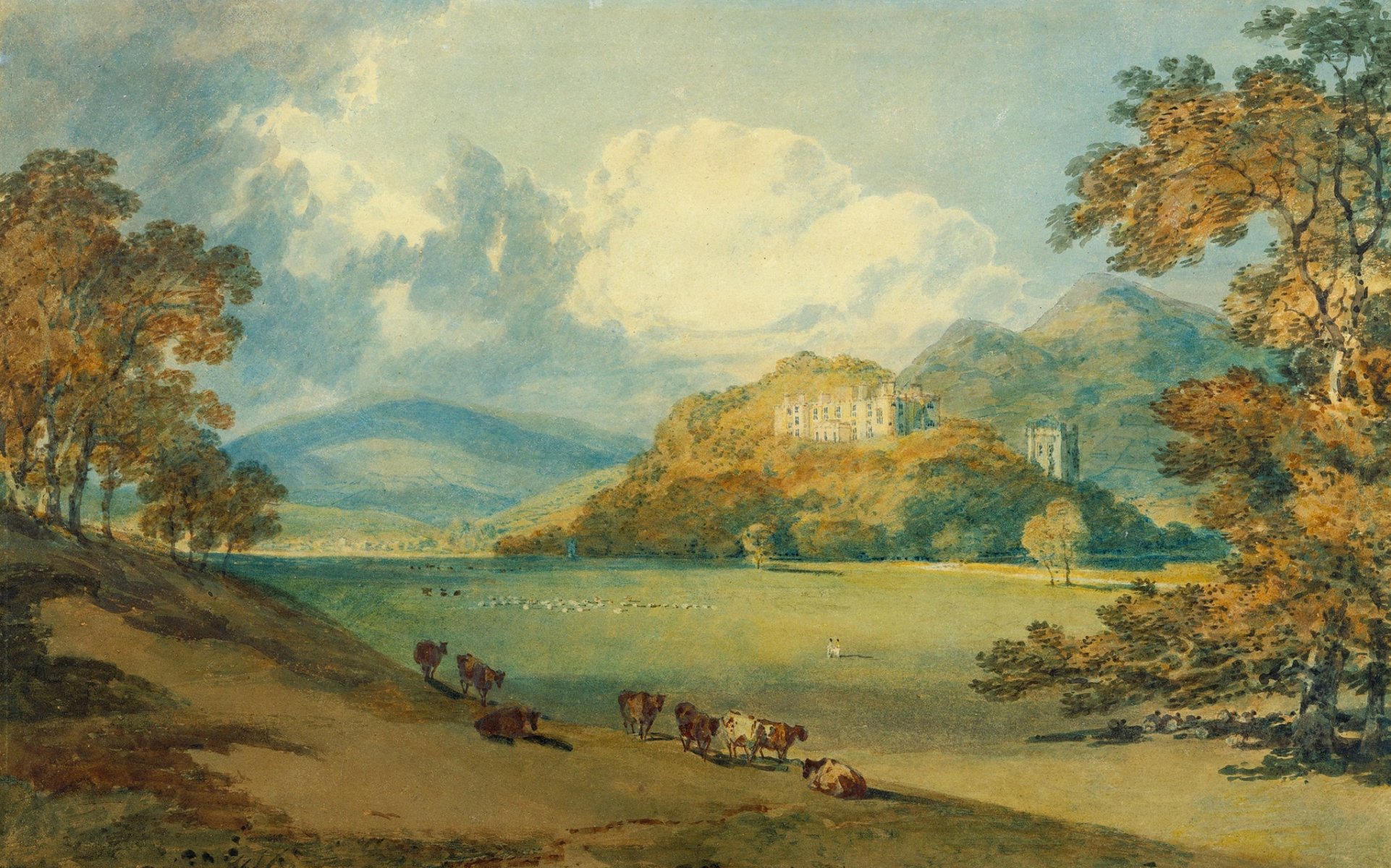 william turner widok dunster castle od północnego wschodu obraz krajobraz góry dolina drzewa zamek krowy