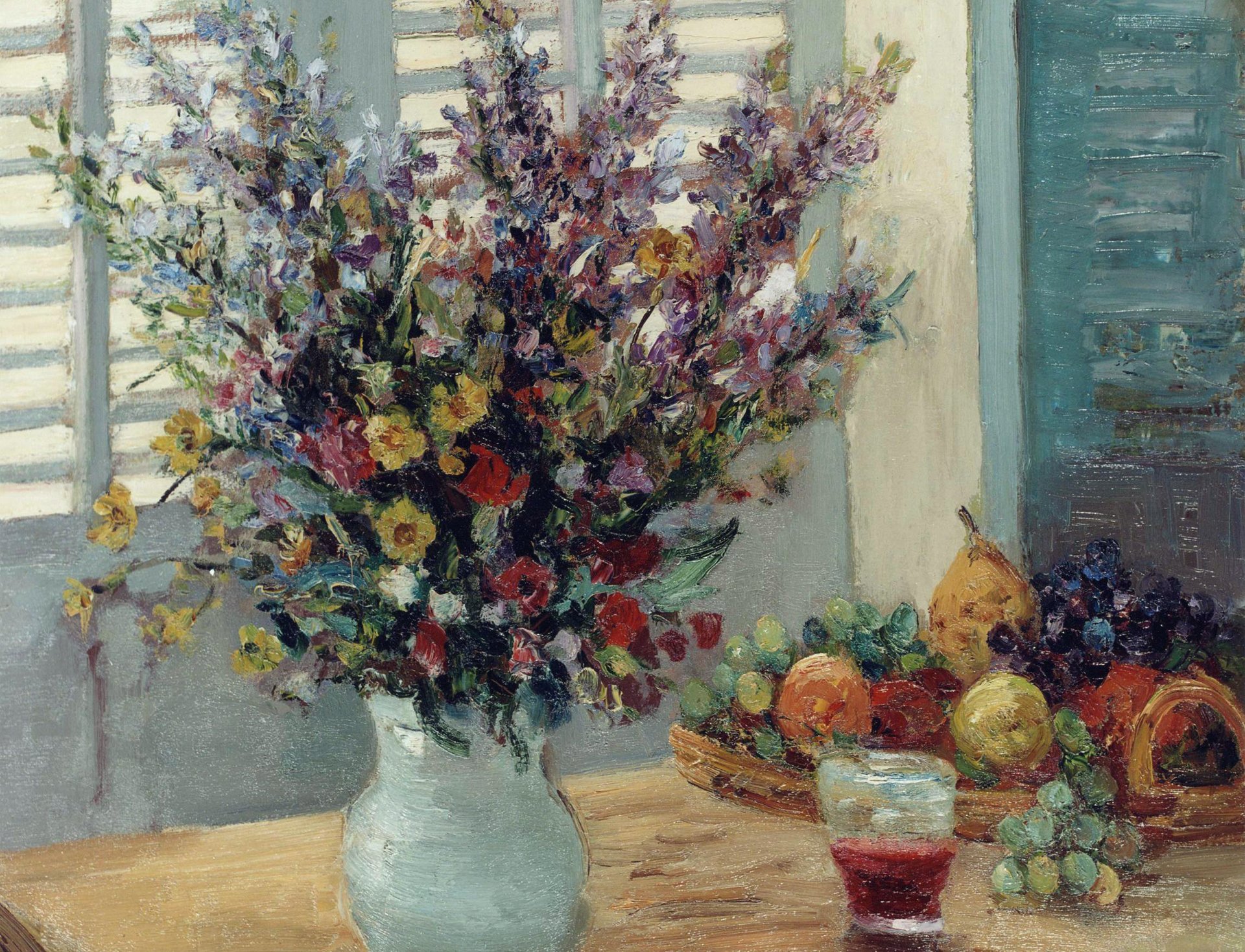 marcel dif vaso con fiori e frutta sul tavolo pittura natura morta