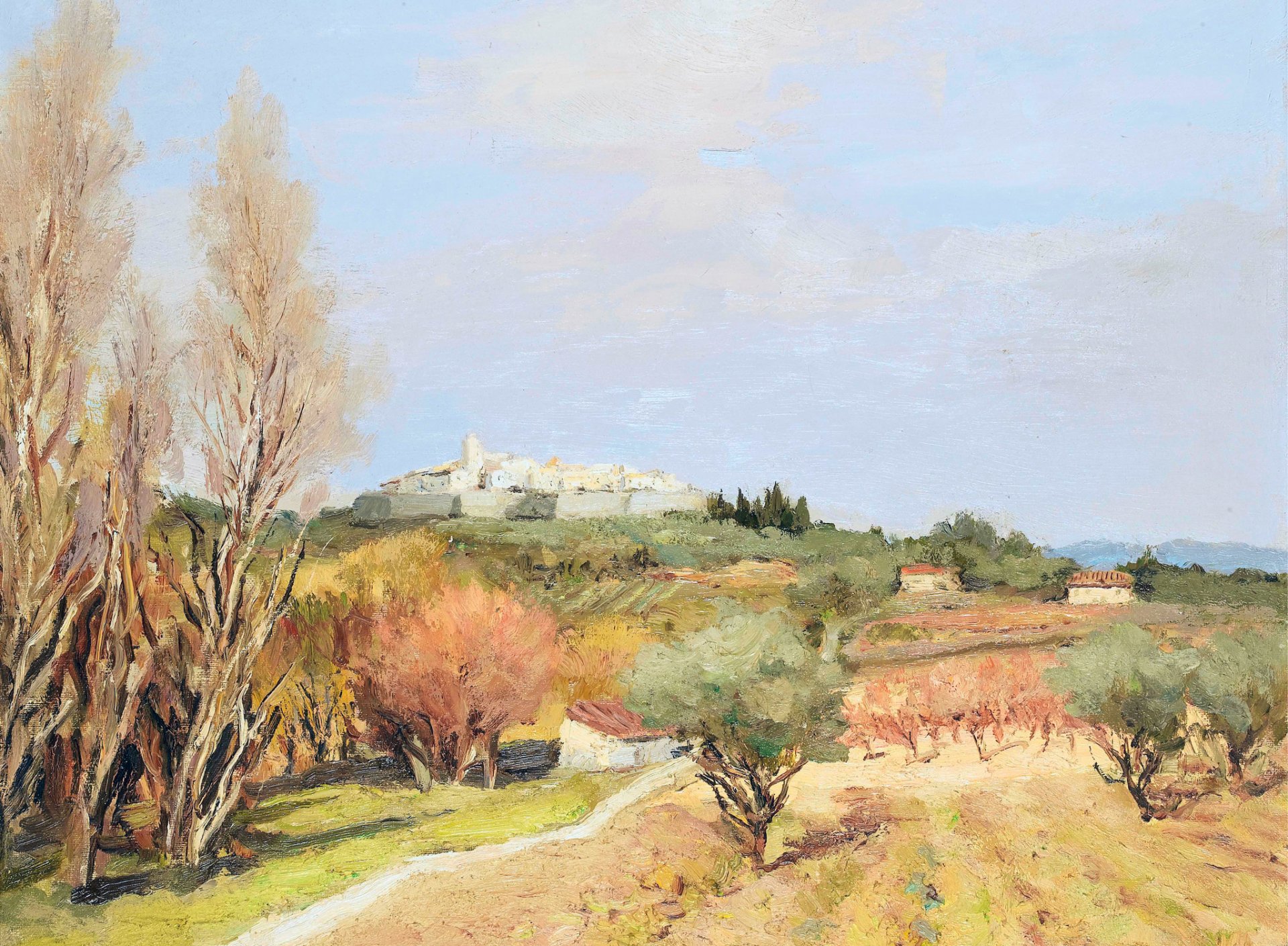 marcel dief vue de saint-paul-de-vence peinture paysage colline ville tour arbres