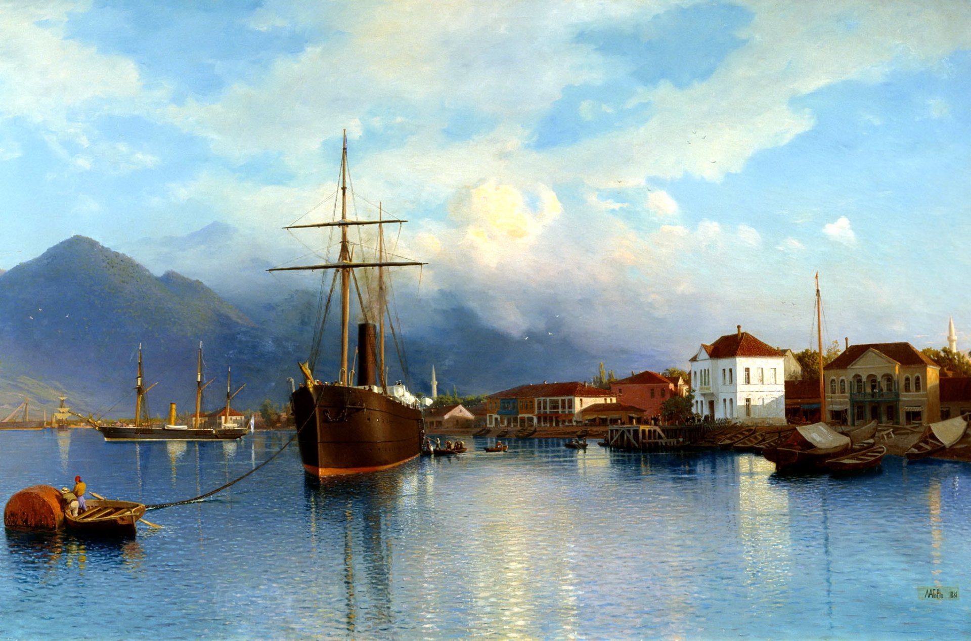 painting lagorio lev batumi ship boat wharf bay water mountain sky cloud