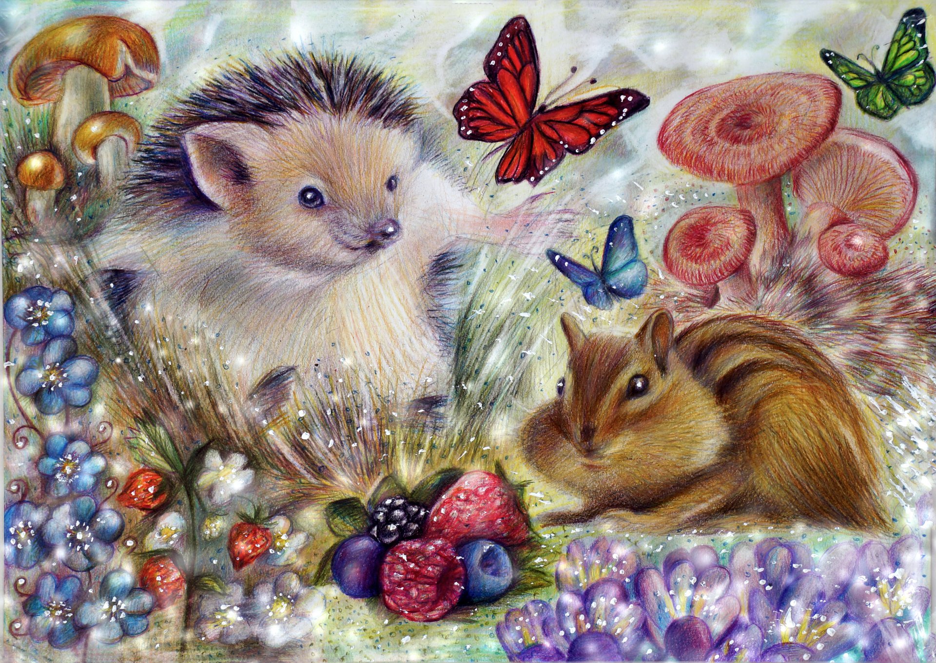 natura pittura arte chipmunk farfalla funghi bacche fiori