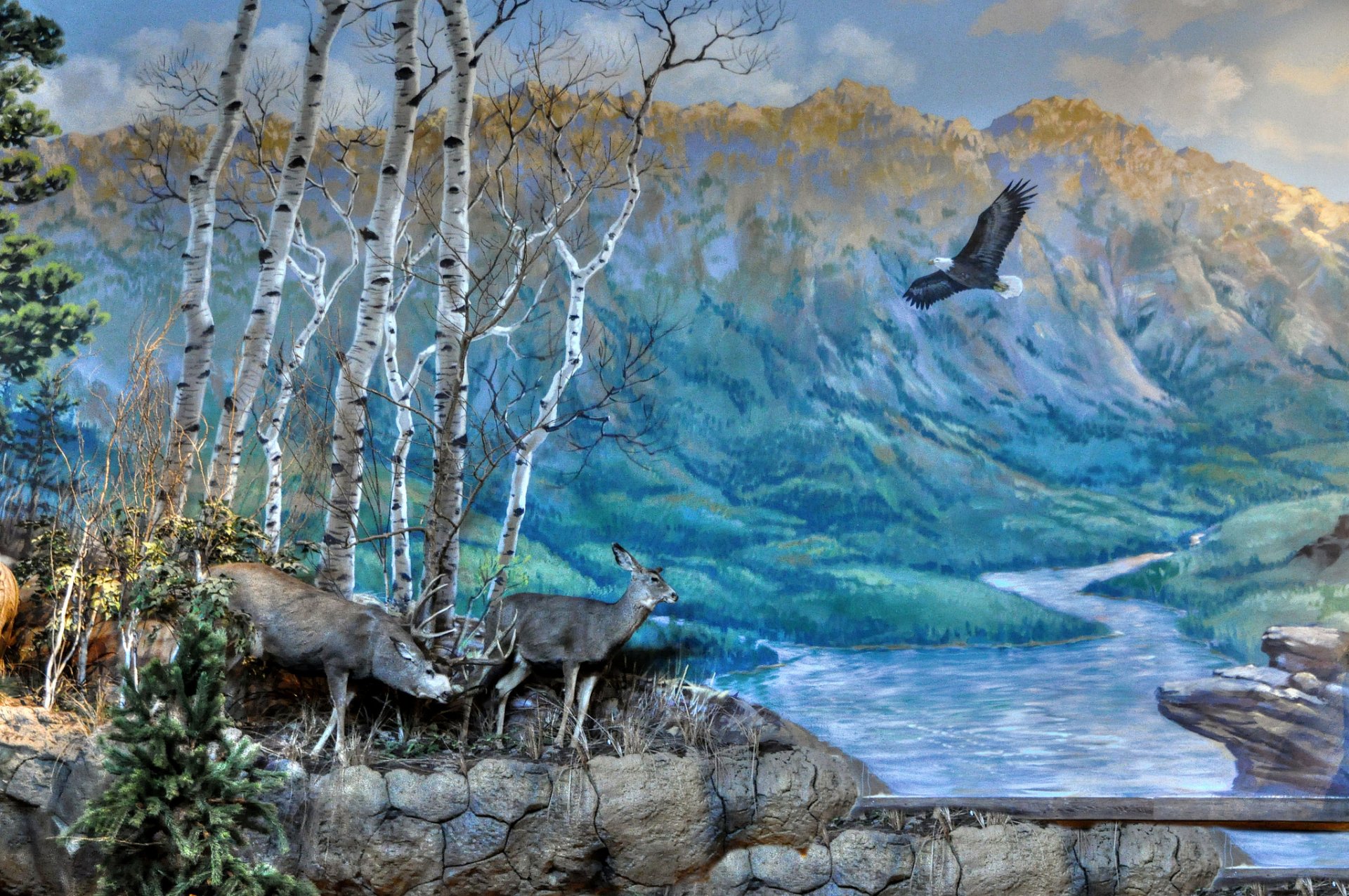 peinture paysage nature montagnes rivière cerf oiseau