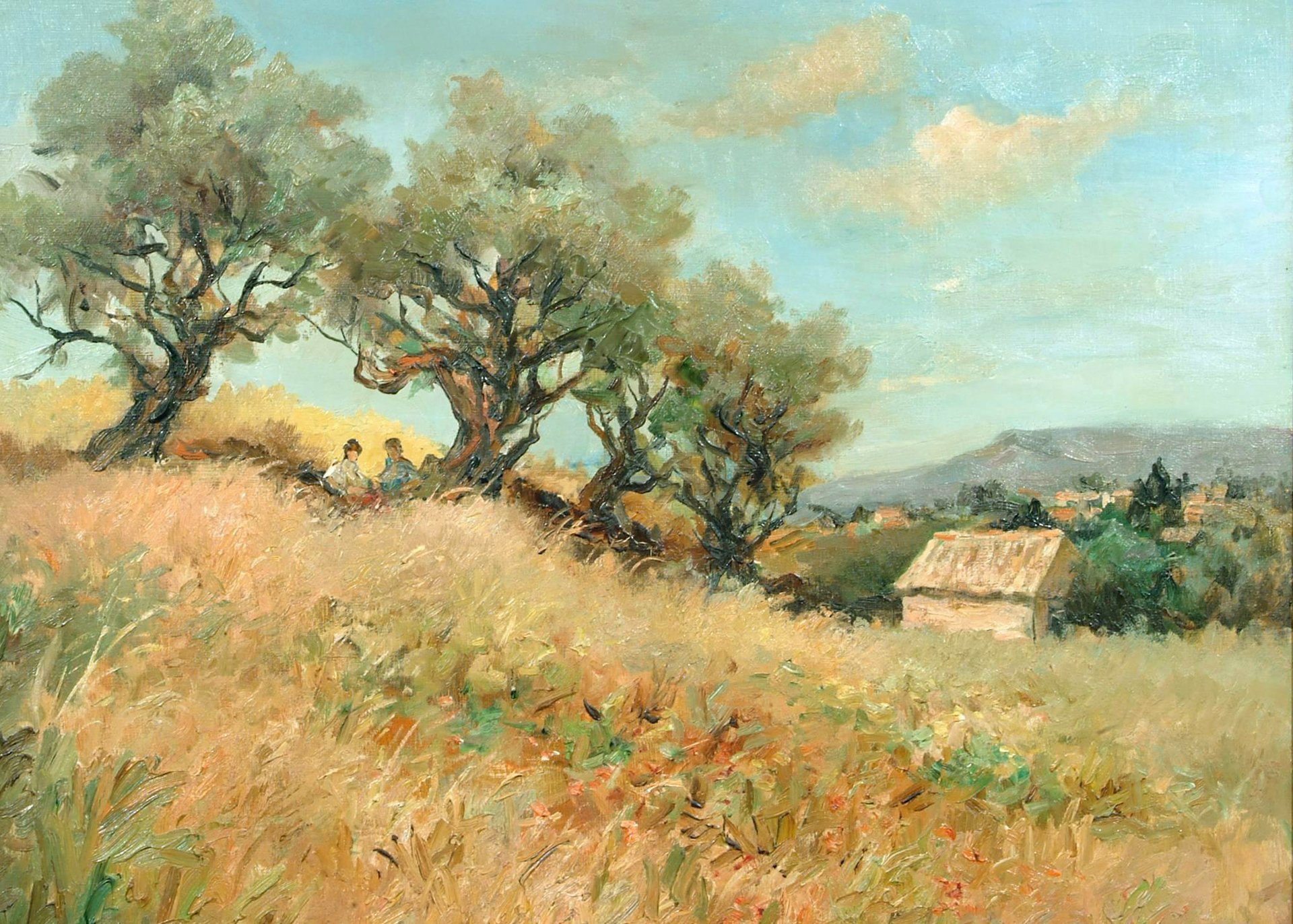 marcel dif olive pittura paesaggio alberi campo casa persone