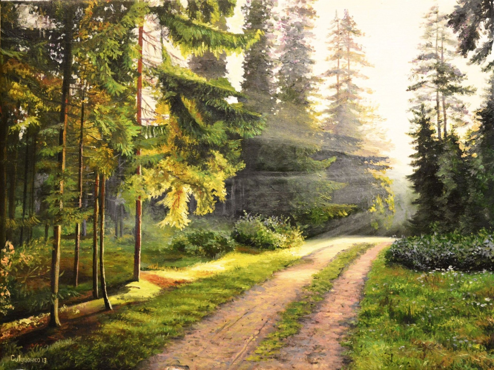 malerei lutsenko erwachen malerei landschaft morgen morgendämmerung wald straße strahlen