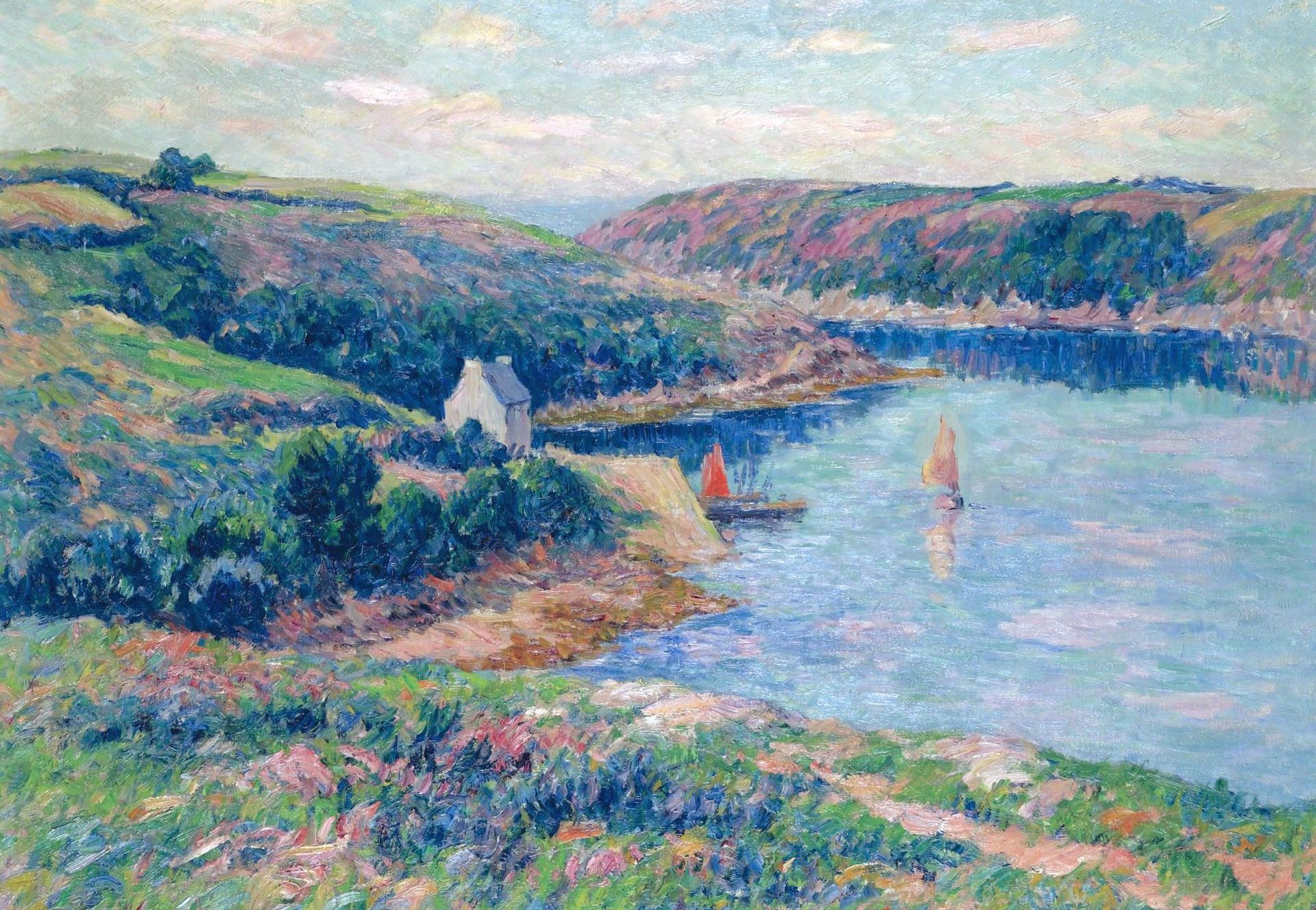 henri mar río belon pintura paisaje montañas colinas barco yate vela