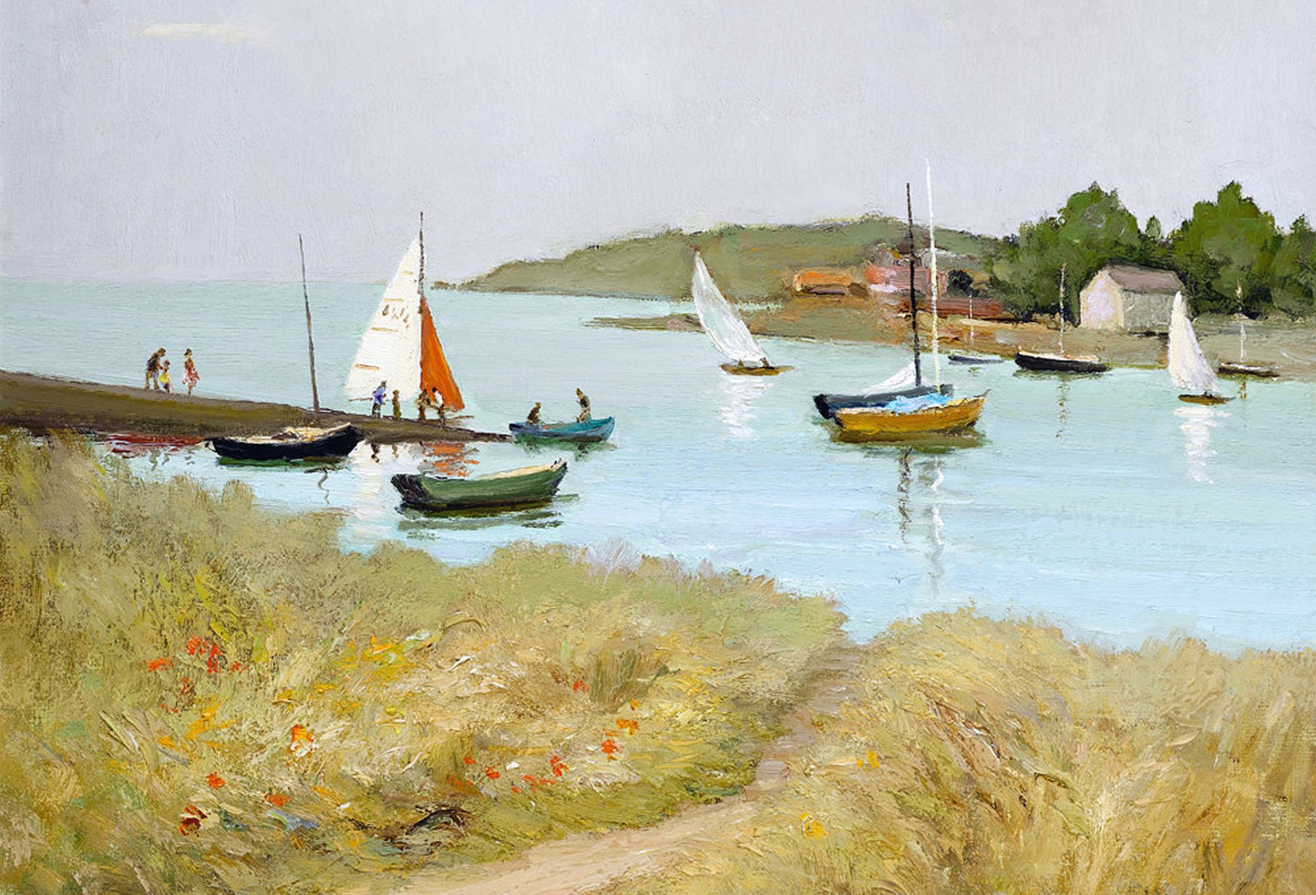 marcel dief passage de saint armel peinture paysage côte mer bateaux herbe fleurs gens