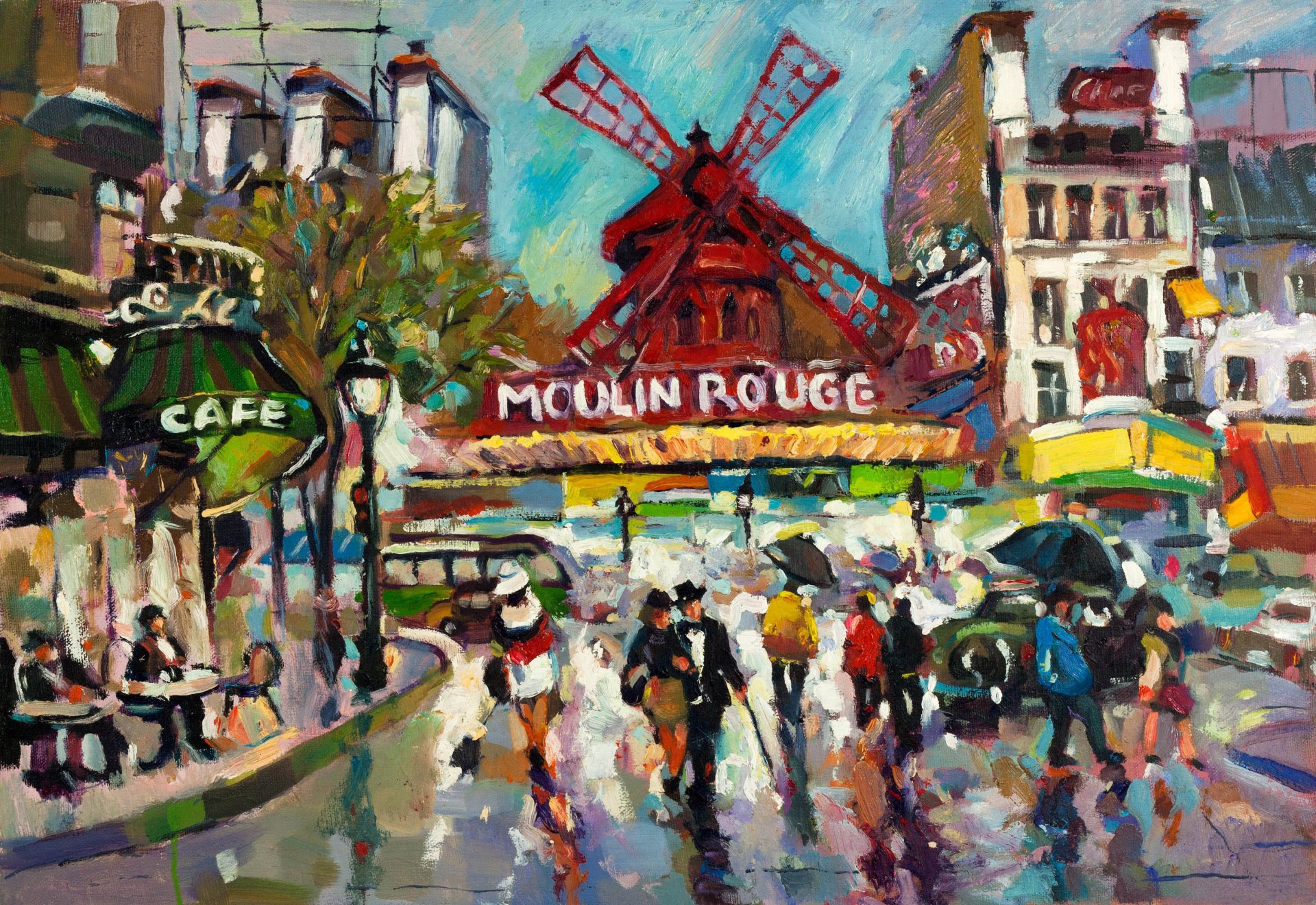 kunst malerei malerei stadt paris frankreich regen pigalle platz café menschen boulevard klischees moulin rouge rote mühle berühmt klassisch kabarett modern impressionismus mehrfarbig farbe pinselstriche öl auf leinwand