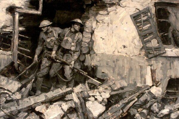 Embuscade de soldats dans les ruines de la ville pendant la première guerre mondiale